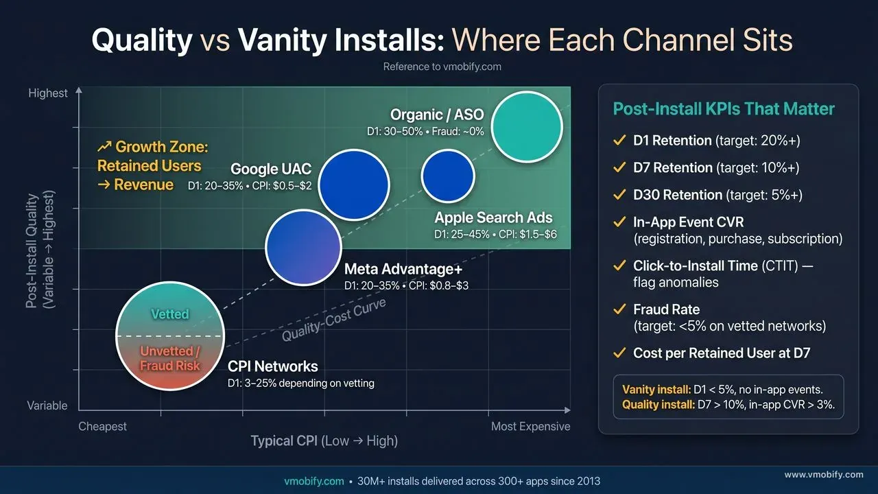App install service channel comparison: CPI benchmarks and D7 retention by channel.