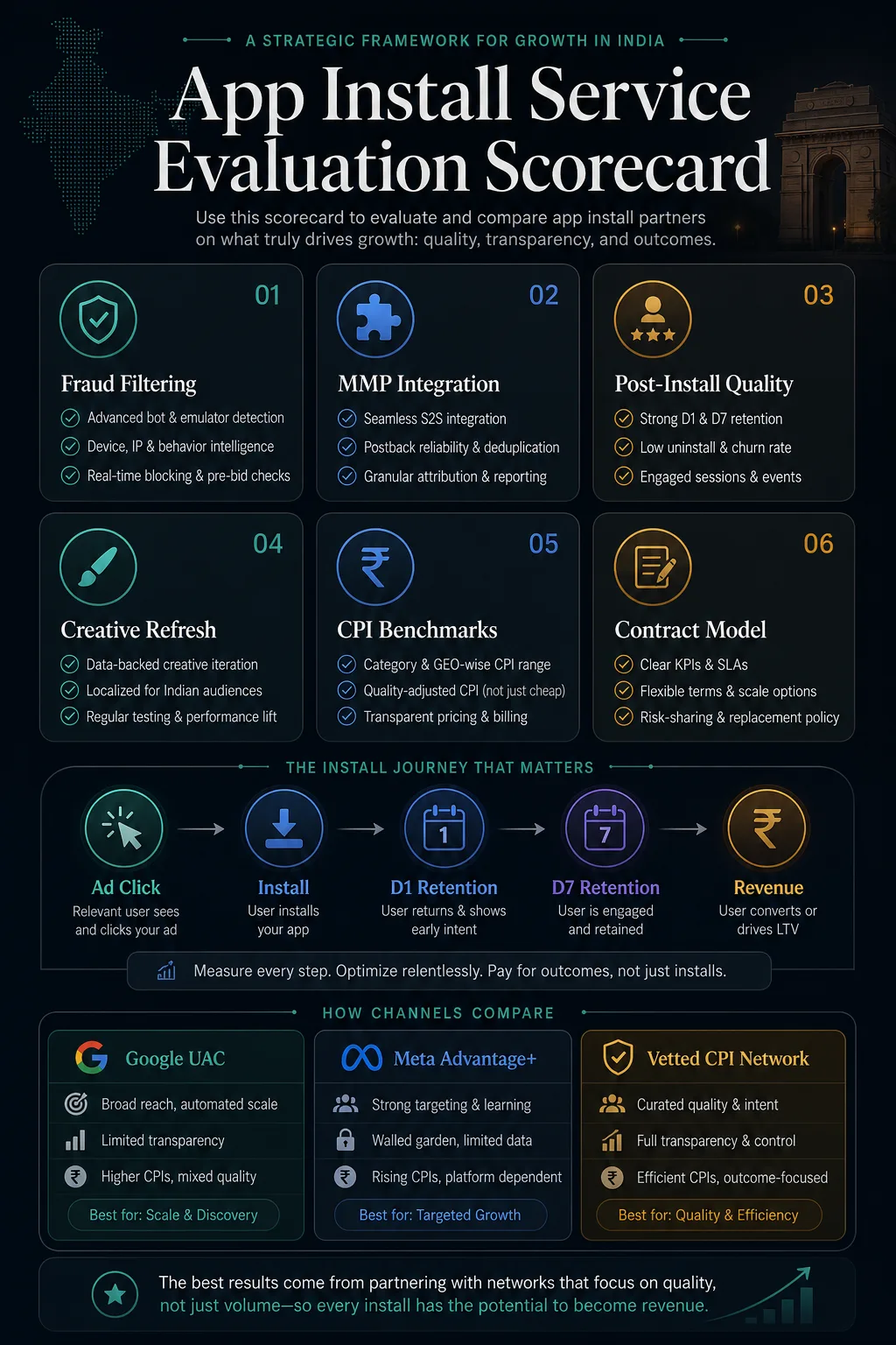 App install service comparison board showing provider types ranked by quality and transparency, with paid UA, vetted CPI networks, ASO, and full-service partners.