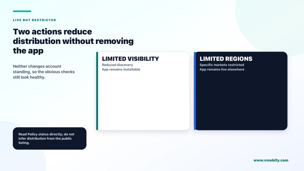 Two actions reduce distribution without removing the app. Neither changes account standing, so the obvious checks still look healthy.