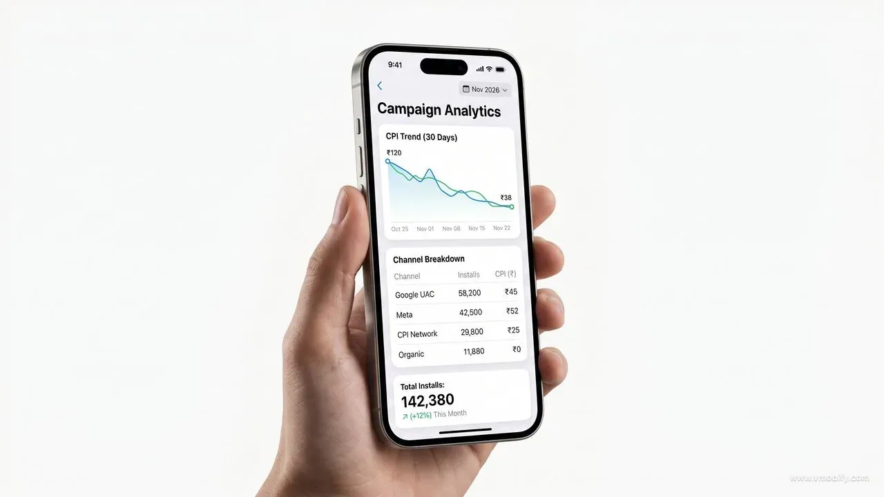 iPhone 15 showing a mobile marketing analytics dashboard with CPI trend line declining from ₹120 to ₹38, channel breakdown by source, and 142,380 total installs