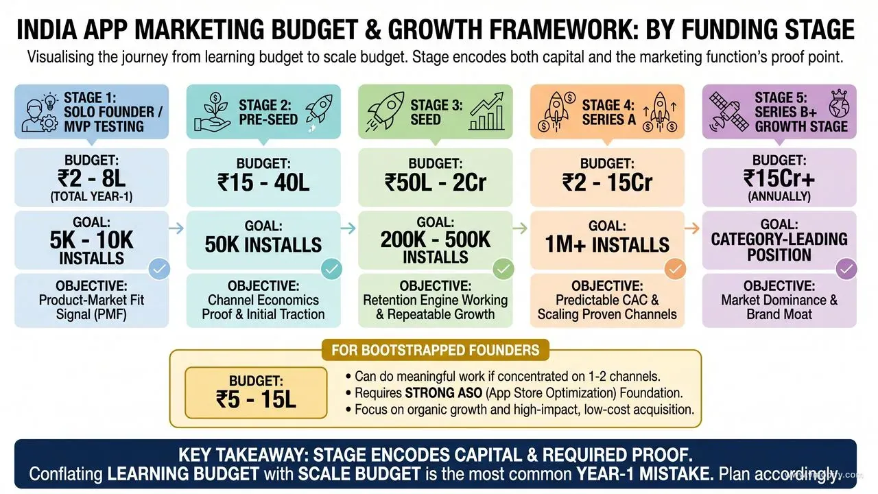 Year-1 app marketing budget by funding stage in India: solo founder/MVP ₹2–8L (PMF signal), pre-seed ₹15–40L (channel economics proof), seed ₹50L–2Cr (retention engine), Series A ₹2–15Cr (predictable CAC at scale), Series B+ ₹15Cr+ (category dominance).