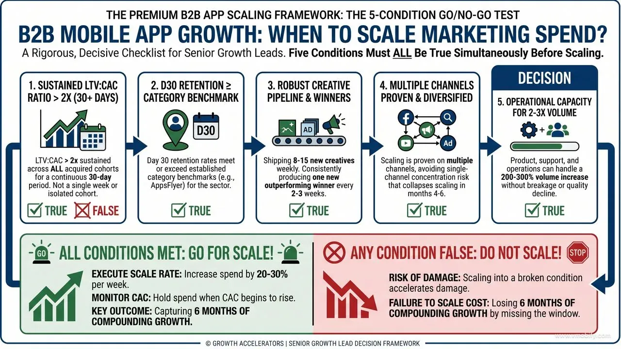 5-condition scale-up test — all must be true simultaneously: LTV:CAC above 2x for 30+ days, D30 retention at category benchmark, creative pipeline producing new winners every 2–3 weeks, multiple channels proven, operational capacity for 2–3x volume. Scale at 20–30% per week when green; timidity here costs 6 months of compounding growth.