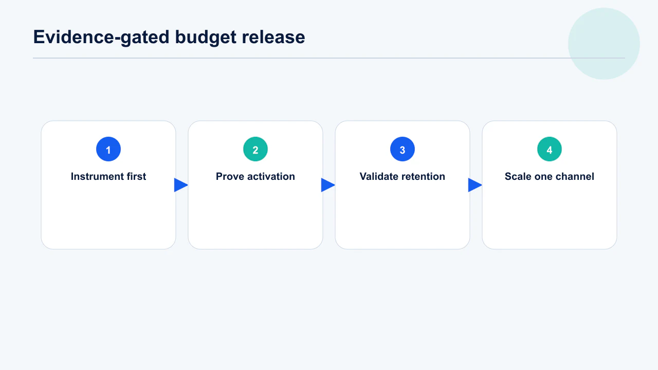 Evidence-gated app marketing budget release from instrumentation through activation, retention and single-channel scale.