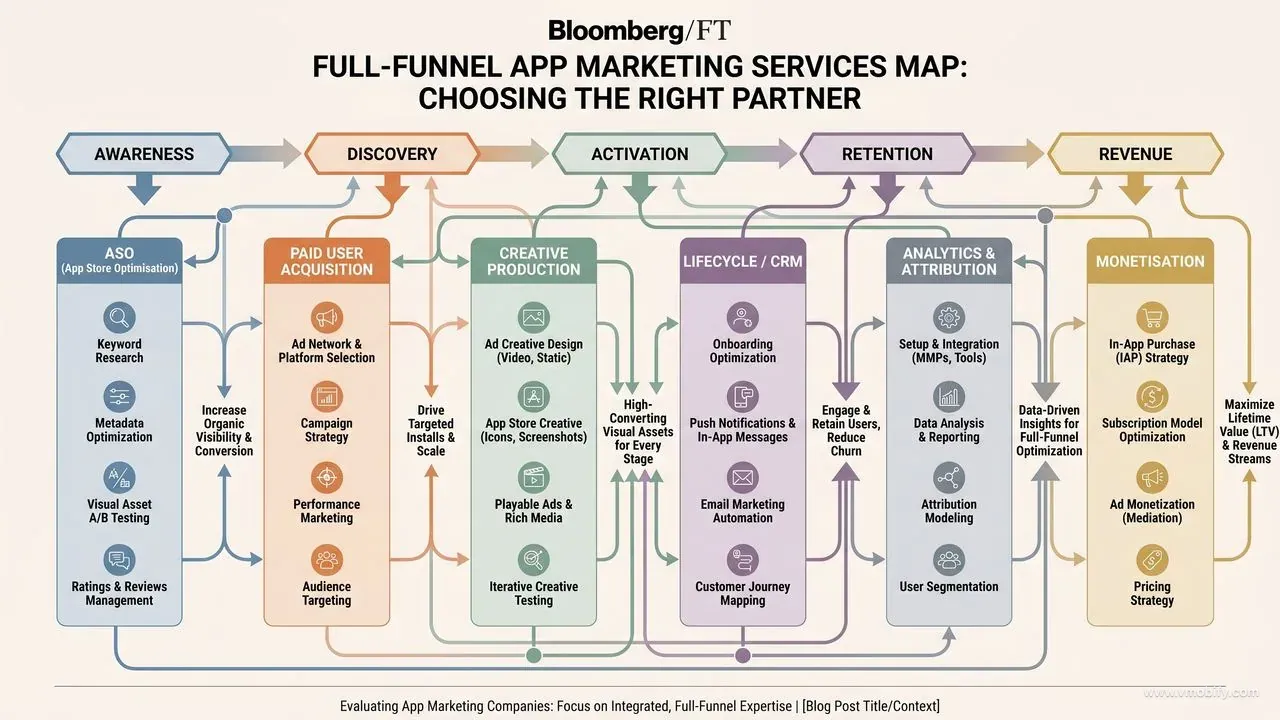 Full-funnel app marketing services map showing how ASO, paid UA, creative production, lifecycle/CRM, analytics, and monetisation connect across awareness, discovery, activation, retention, and revenue stages
