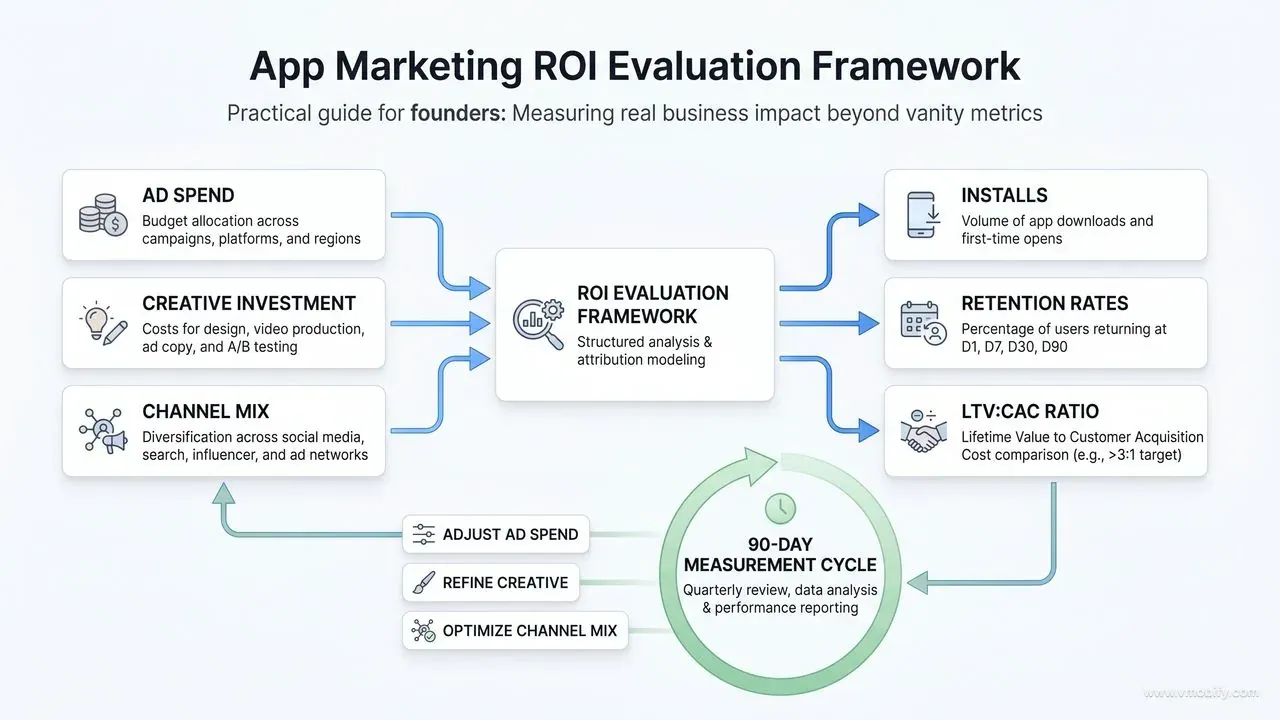 App marketing ROI evaluation framework flow diagram showing inputs (ad spend, creative investment, channel mix) flowing to outputs (installs, retention rates, LTV:CAC ratio) with a 90-day measurement cycle feedback loop