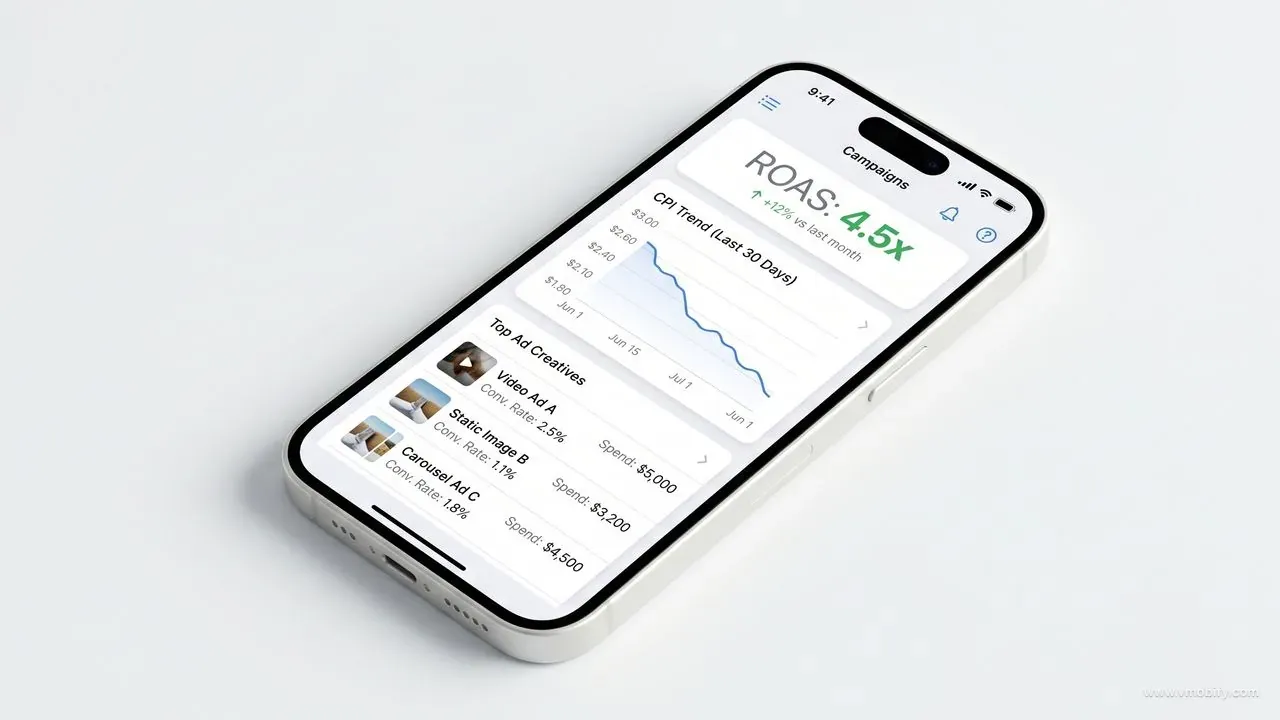 iPhone 15 mockup displaying a campaign performance dashboard with ROAS at 4.5x, a 30-day CPI trend chart showing declining costs, and a creative performance comparison table