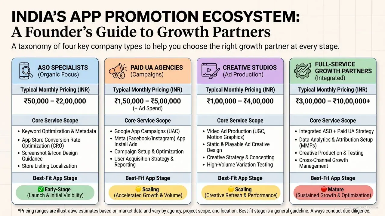 Taxonomy of app promotion company types in India — ASO specialists, paid UA agencies, creative studios, and full-service growth partners with pricing ranges and best-fit use cases