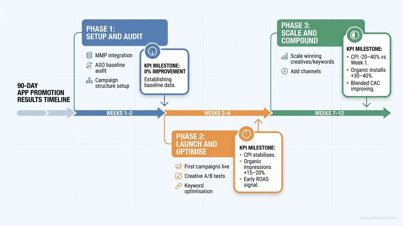 90-day app promotion results timeline showing three phases: setup and audit (weeks 1–2), launch and optimise (weeks 3–6), and scale and compound (weeks 7–12) with KPI milestones at each phase