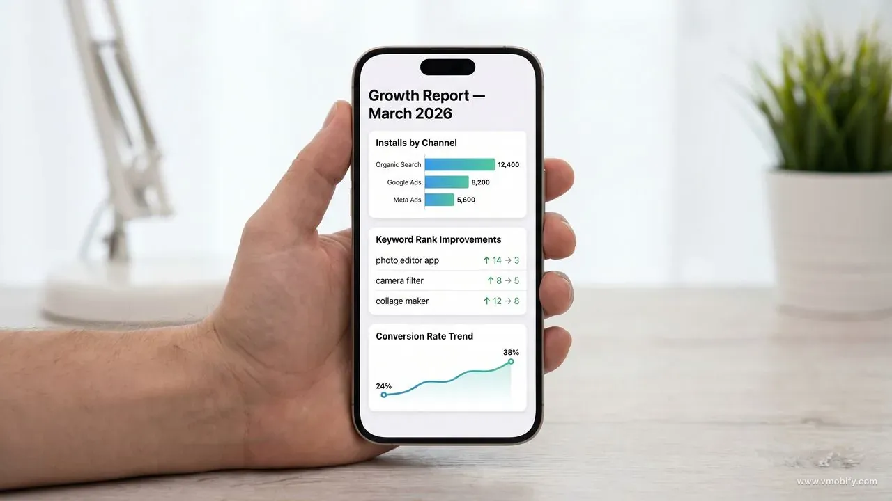 iPhone 15 displaying an app growth report showing installs by channel, keyword rank improvements, and conversion rate trend — the kind of integrated reporting a full-service app promotion company delivers