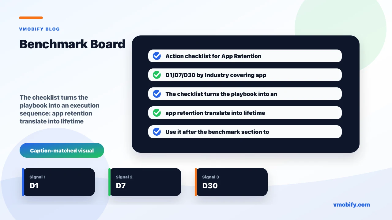 Action checklist for App Retention Benchmarks 2026: D1/D7/D30 by Industry covering app retention translate into lifetime value, you benchmark your own retention without fooling yourself, you act once you know where your retention stands.