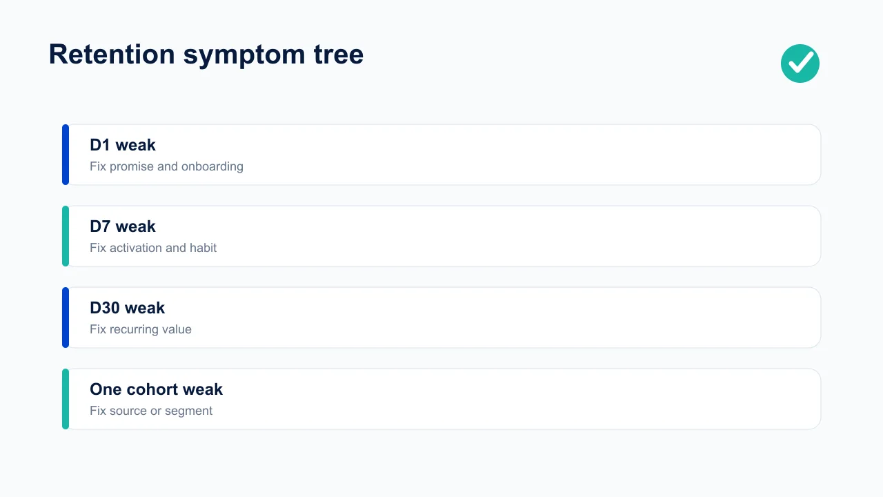 Retention symptom tree mapping weak D1, D7, D30 and isolated cohort failures to likely causes.