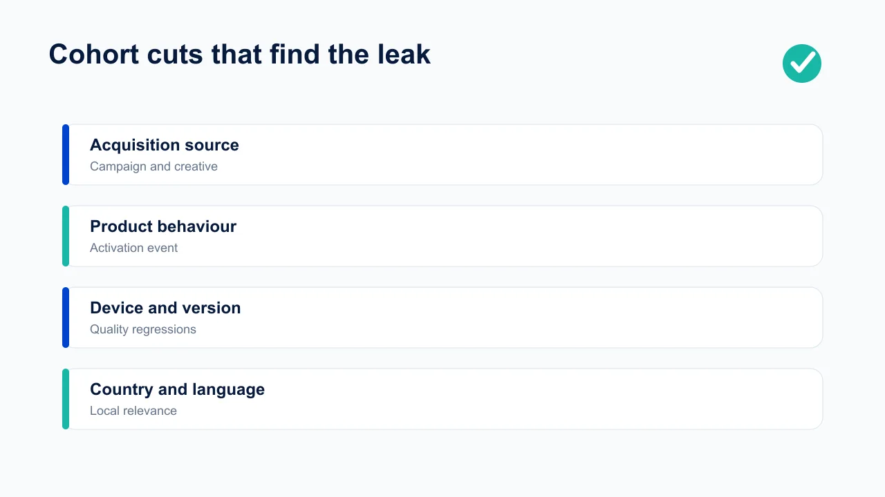 Cohort analysis cuts by acquisition source, product behaviour, device, version, country, and language.