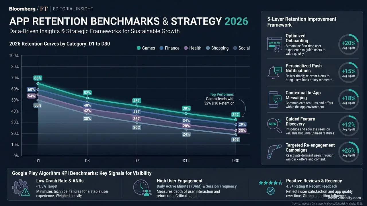 App Retention Benchmarks and Strategy 2026 — retention curves by vertical and the 5-lever improvement framework.