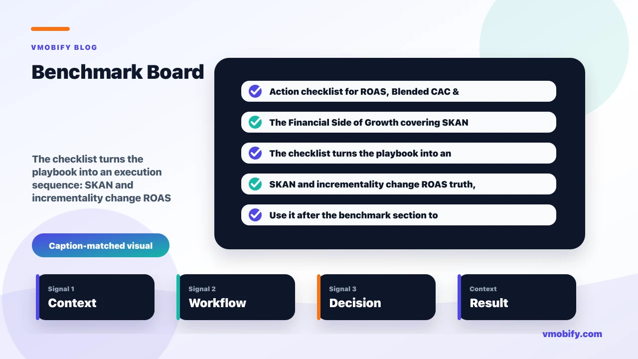 Action checklist for ROAS, Blended CAC & UA Budget Allocation: The Financial Side of Growth covering SKAN and incrementality change ROAS truth, India low-ARPU unit economics change, you allocate a UA budget by marginal ROAS.