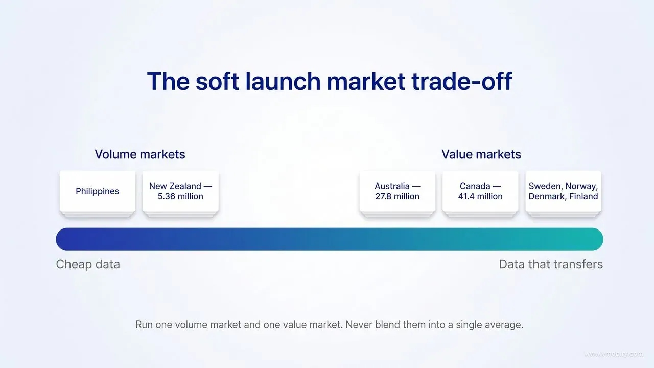 A spectrum running from cheap data to data that transfers, with the Philippines and New Zealand, whose population is 5.36 million, grouped as volume markets at the cheap end, and Australia at 27.8 million, Canada at 41.4 million and the Nordic group of Sweden, Norway, Denmark and Finland grouped as value markets at the transferable end.