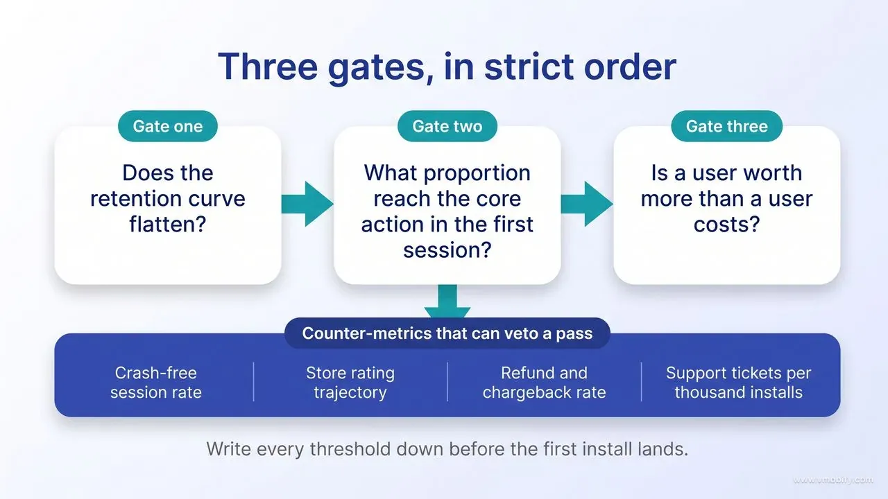 A left-to-right chain of three gates — gate one, does the retention curve flatten; gate two, what proportion reach the core action in the first session; gate three, is a user worth more than a user costs — sitting above a band of counter-metrics that can veto a pass: crash-free session rate, store rating trajectory, refund and chargeback rate, and support tickets per thousand installs.