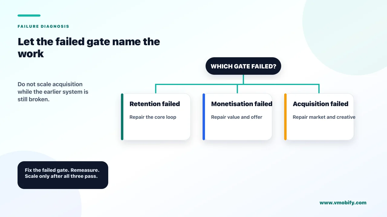 Failure-diagnosis tree mapping a failed retention gate to the core loop, a failed monetisation gate to value and offer, and a failed acquisition gate to market and creative.