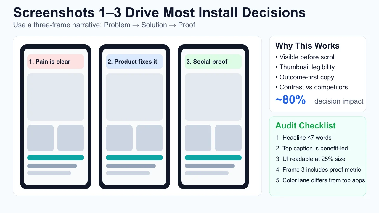 The first three screenshots drive 80% of the install decision before users scroll past the fold.