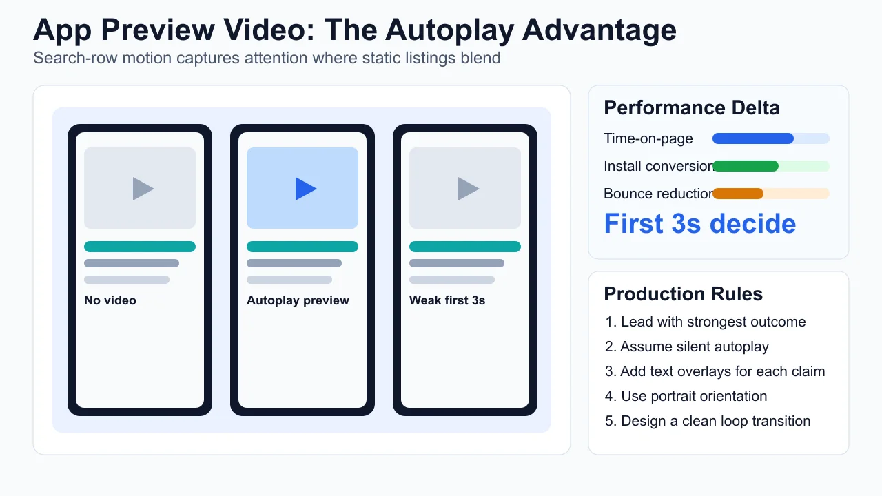 App Preview videos autoplay silently in Apple Search Results — the only motion asset in an otherwise static competitive row.