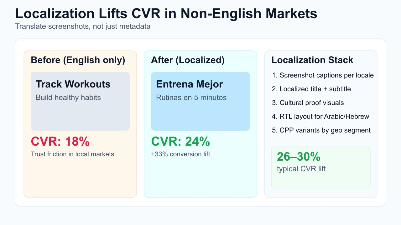 Localised screenshots with native-language captions produce 26–30% CVR lift in non-English markets.