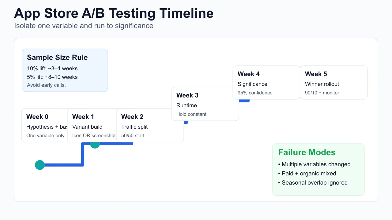 A proper App Store listing test timeline from hypothesis and sample-size planning through significance and winner rollout.