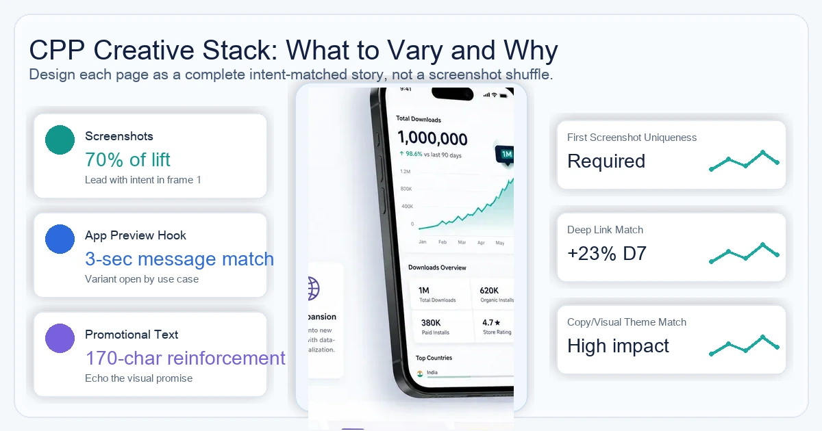 Creative variable stack for Custom Product Pages showing screenshots, App Preview videos, and promotional text with relative impact.