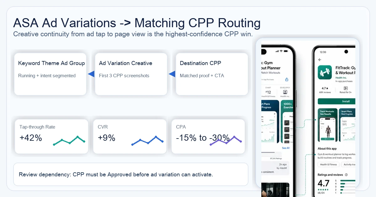 Apple Search Ads ad variation routing into a matching Custom Product Page to improve tap-through and conversion rates.