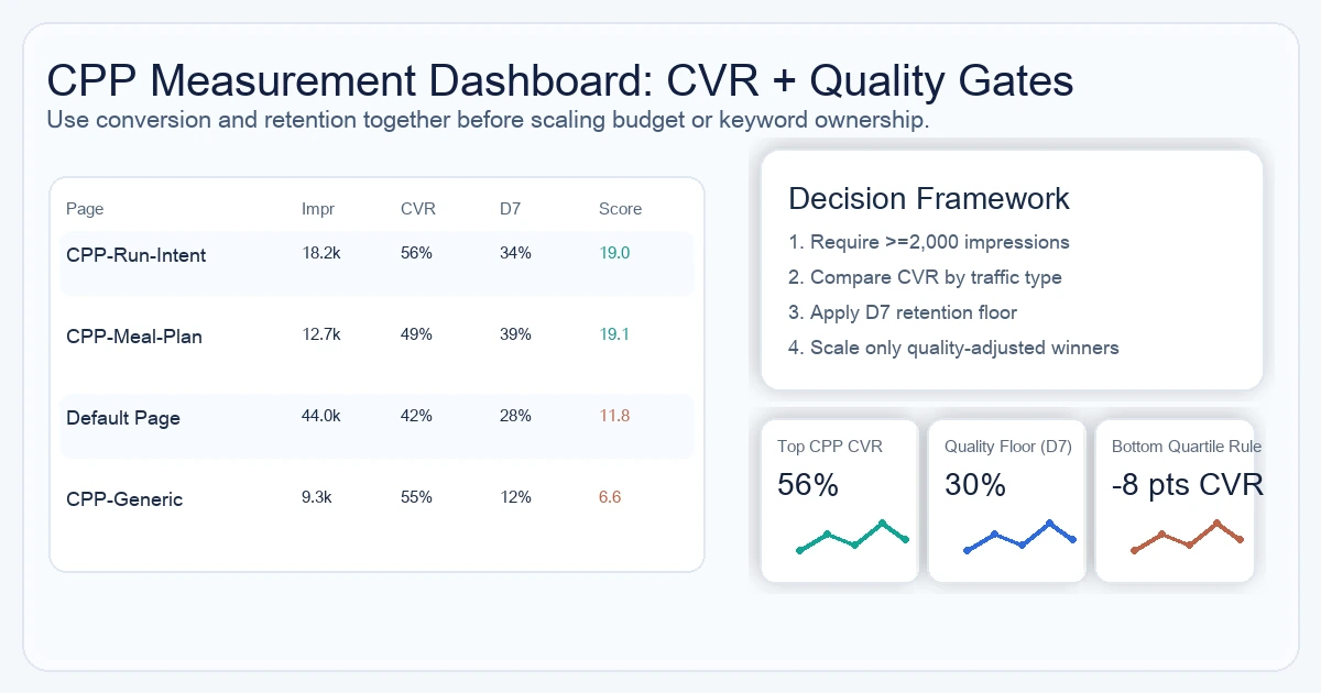 CPP measurement dashboard comparing default page and CPP conversion bands with D7 retention as a quality filter.