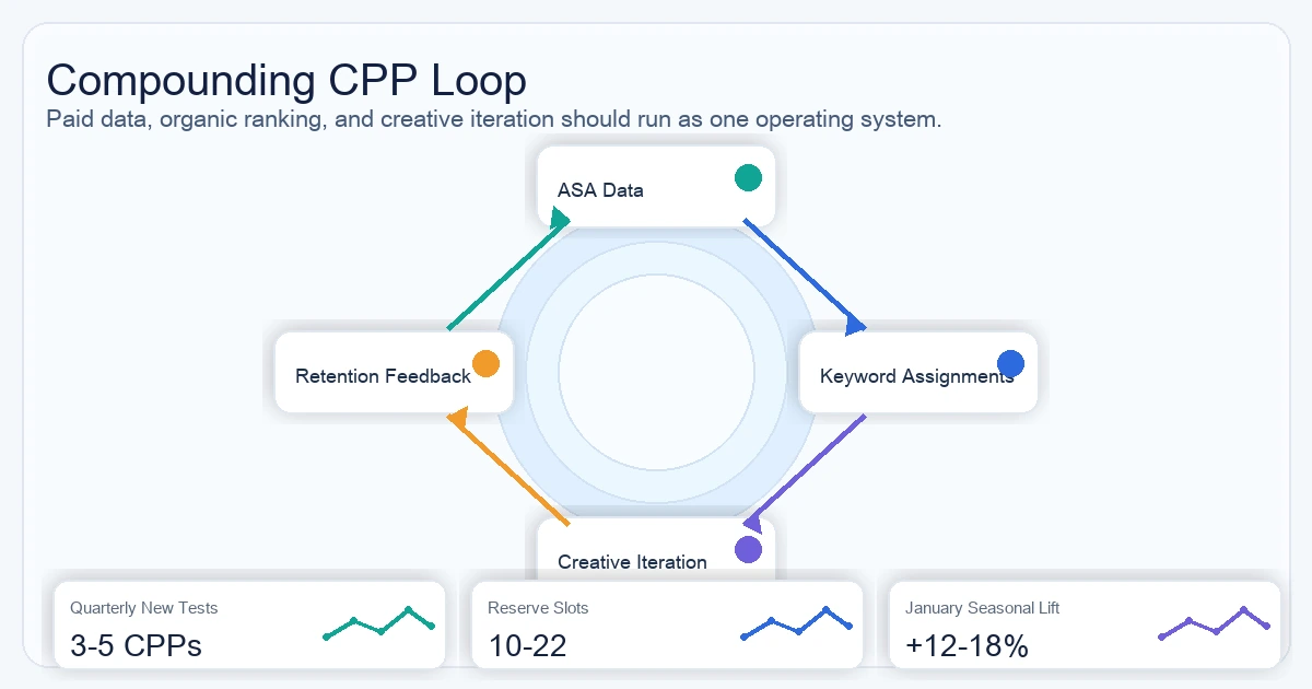 Compounding CPP loop connecting Apple Search Ads data, organic keyword performance, creative iteration, and retention outcomes.