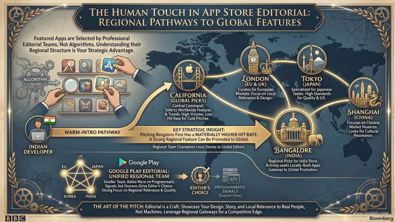 Apple App Store editorial team structure: California (global), London (EU/UK), Tokyo (Japan), Shanghai (China), Bangalore (India). Indian developers have a structural advantage pitching the Bangalore team first — a regional feature can be promoted to the global Today tab.