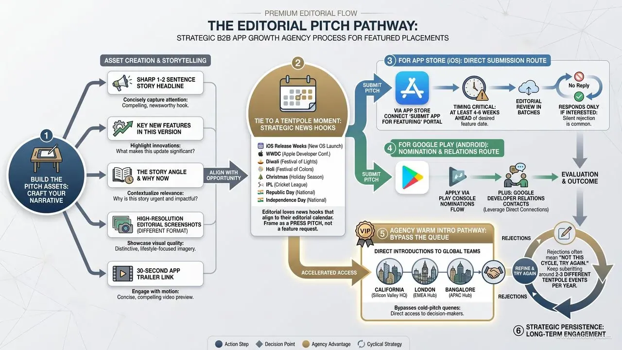 App Store featuring pitch process: build editorial assets → tie to tentpole moment → submit via App Store Connect 4-6 weeks ahead → repeat across 2-3 tentpole events per year. Think press pitch to a magazine editor, not feature request to a platform.