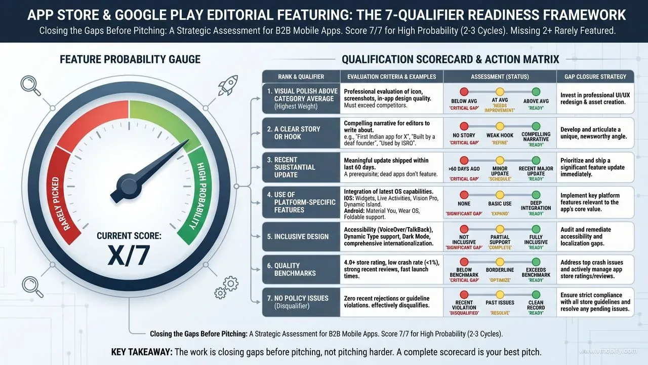 The 7 editorial featuring qualifiers: visual polish above category average, a clear story hook, recent substantial update (within 60 days), platform-specific feature adoption, inclusive design, quality benchmarks (4.0+ rating, low crash rate), and no policy issues. Apps meeting all 7 get featured within 2-3 pitch cycles.