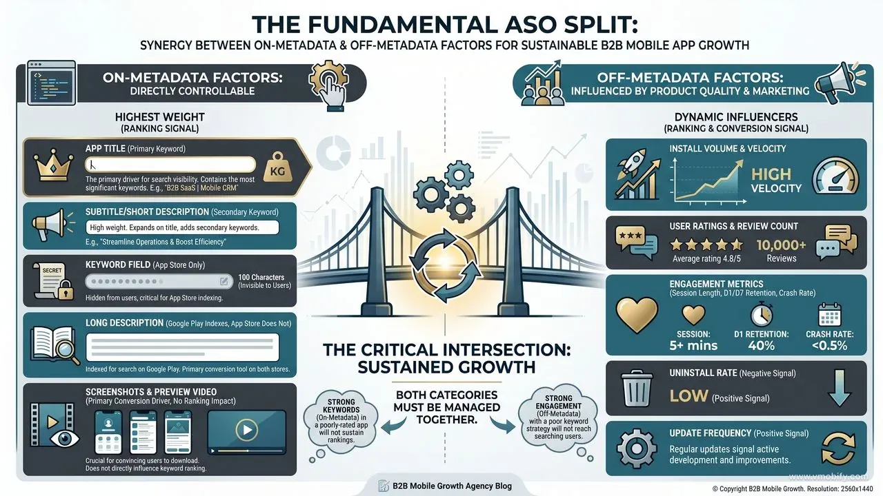 On-metadata vs off-metadata ASO factors: on-metadata (title, subtitle, keyword field, description, screenshots) is directly controlled; off-metadata (install velocity, ratings, retention, crash rate, update frequency) is built through product quality and marketing — both must compound together.