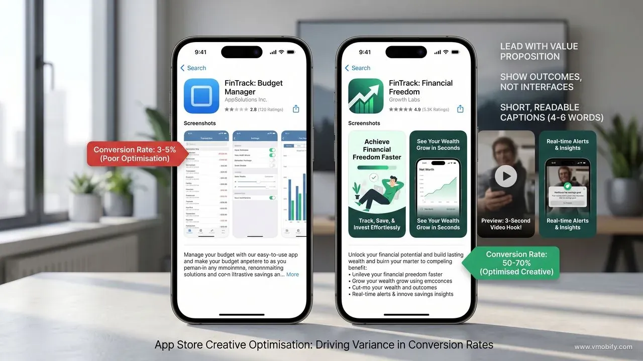 Screenshot optimisation comparison: benefit-led screenshots with readable captions and outcome-focused imagery convert significantly higher than generic UI dumps — studies show screenshots drive 50–70% of conversion rate variance between comparable apps.