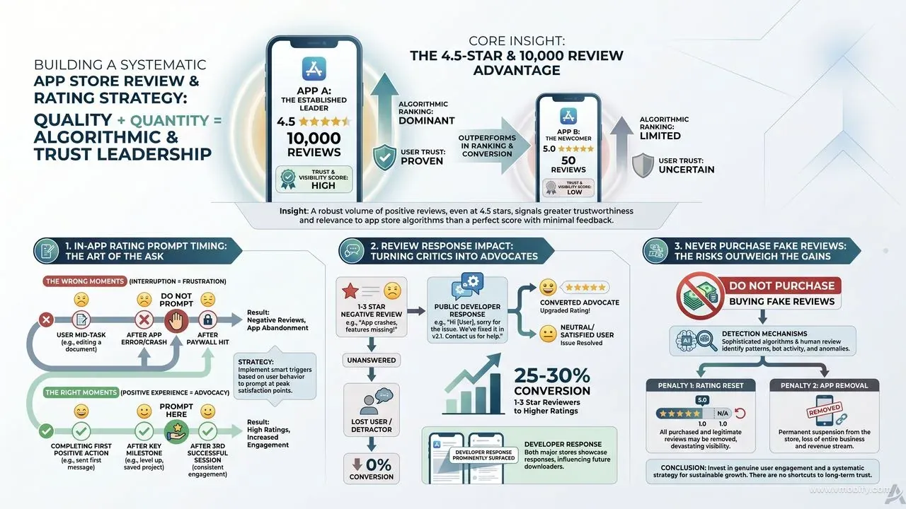Review and rating strategy: prompting at moments of user success vs wrong moments, plus systematic developer response to 1–3 star reviews, converts 25–30% of those reviewers to upgrade their rating — the highest-leverage free rating improvement tactic available.