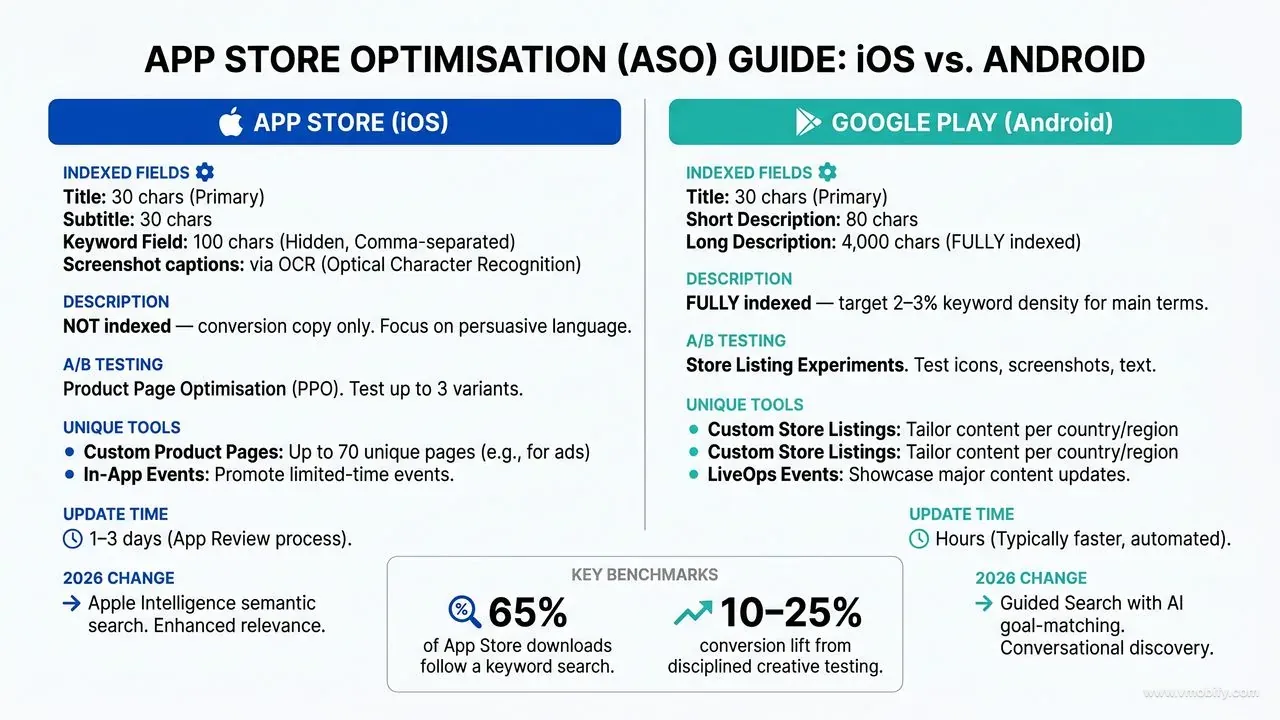 Side-by-side comparison of App Store iOS vs Google Play Android ASO: metadata fields, character limits, indexing rules, creative assets, A/B testing tools, and 2026 AI changes.