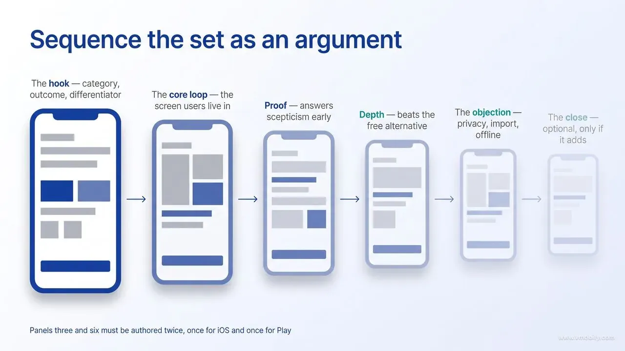 Six phone panels in sequence — the hook (category, outcome, differentiator), the core loop, proof, depth, the objection and the close — drawn progressively smaller and paler from left to right, with a note that panels three and six must be authored twice, once for iOS and once for Play.