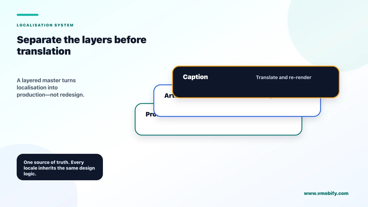 Layered screenshot template separating the authentic product screen, reusable artwork, and translated caption into three independent production layers.