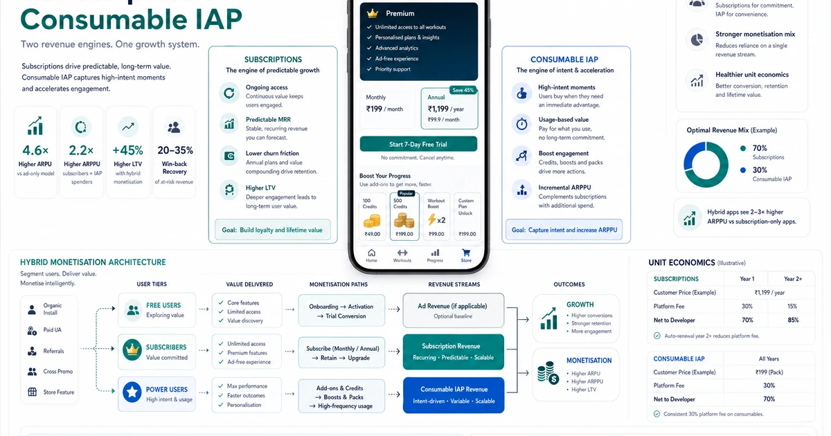 Consumable IAPs alongside subscriptions serve different purchase motivations — immediate gratification vs ongoing access.