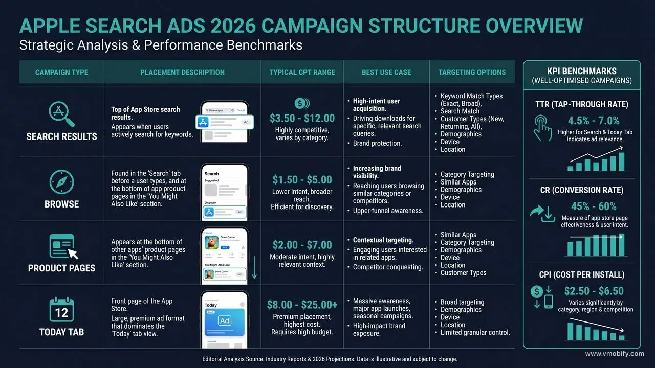 Apple Search Ads 2026 campaign structure overview: four campaign types with placement, CPT ranges, best use cases, and targeting options compared.