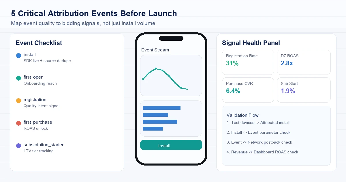 The 5 critical MMP attribution events that must fire correctly before any paid campaign launches.