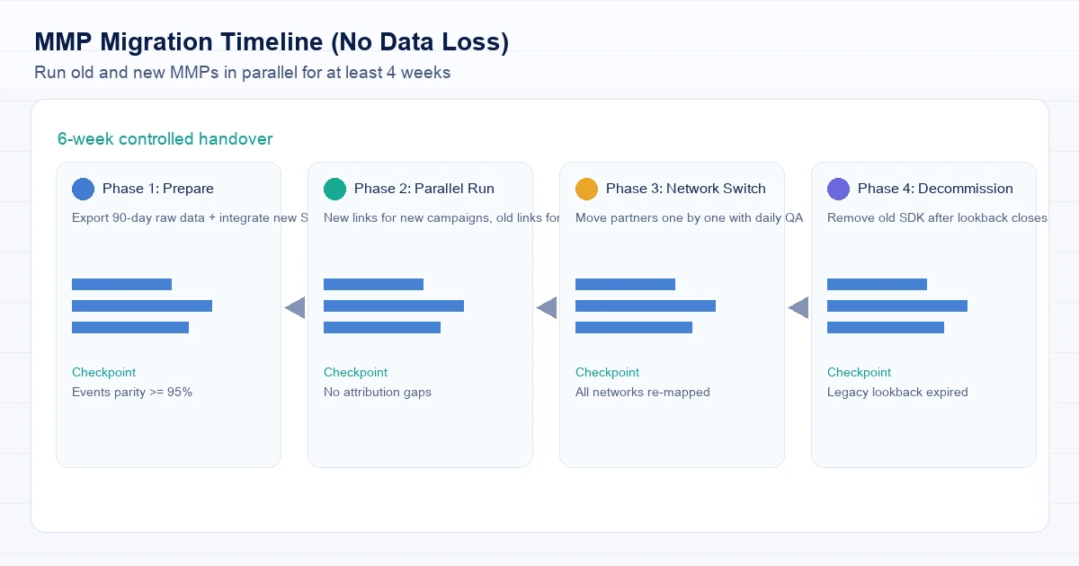 A four-phase MMP migration timeline that preserves attribution data across the full transition window.
