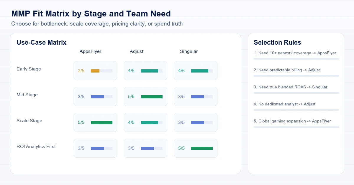 AppsFlyer, Adjust, and Singular comparison matrix mapping best-fit use cases by app stage, team structure, and measurement priority.