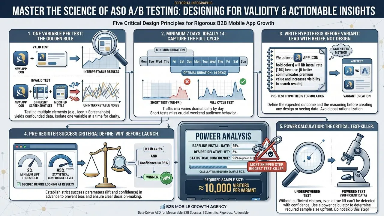 ASO test design principles: one variable per test, minimum 14 days to clear novelty effects, hypothesis written before variant, success criteria pre-registered before seeing data, power calculation run before launch. Skipping the power calculation is the single most common test-killing mistake.