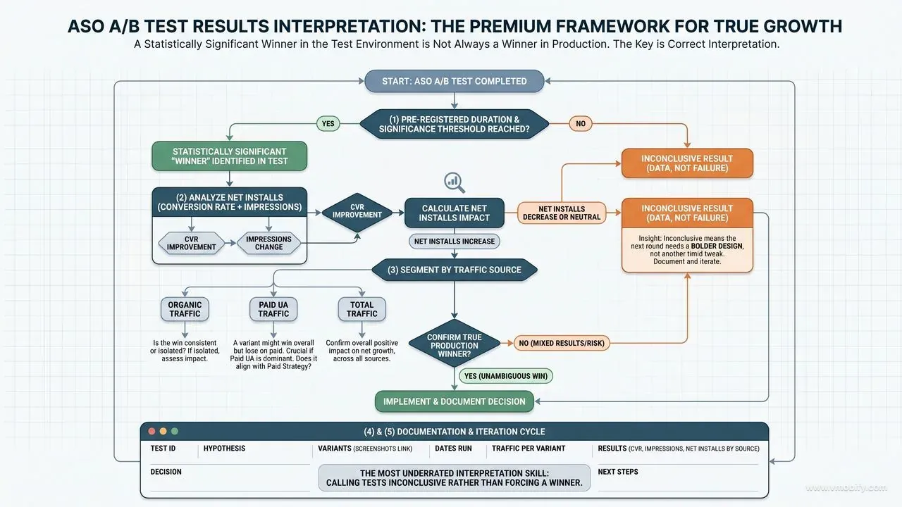 ASO test result interpretation framework: a winner requires checking conversion AND impressions together (net installs is what matters), segmenting by traffic source, and documenting in a test log. Inconclusive results are data — they signal the next round needs a bolder design, not a minor tweak.