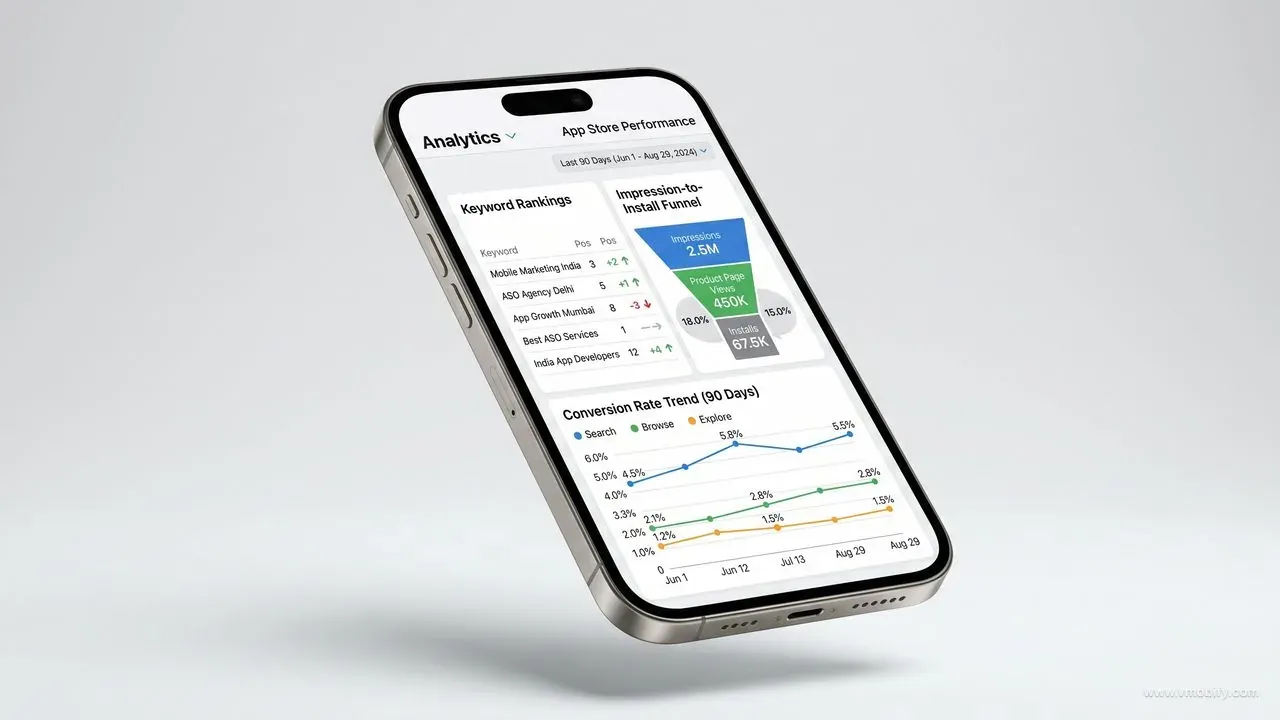 iPhone 15 Pro showing App Store Connect analytics dashboard with keyword rankings, impression-to-install funnel, and 90-day conversion rate trend by traffic source