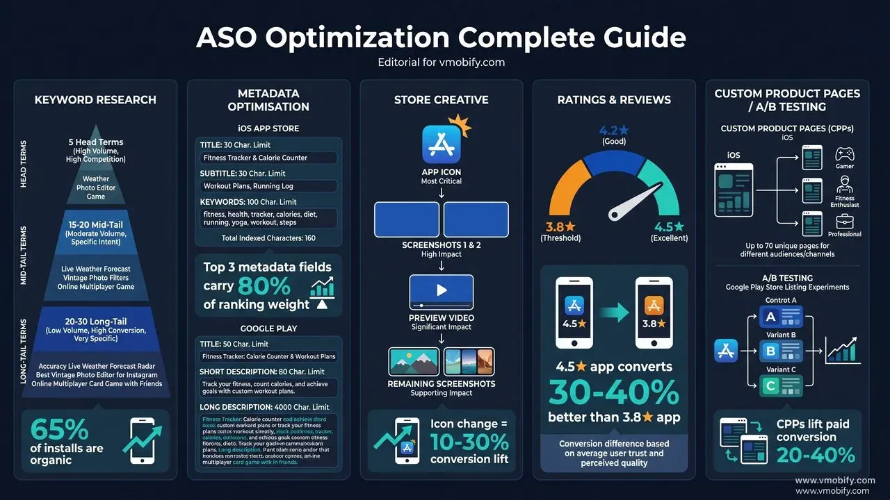 The complete ASO system showing all five pillars: keyword research, metadata optimisation, store creative, ratings and reviews, and Custom Product Pages — with benchmark numbers for each.
