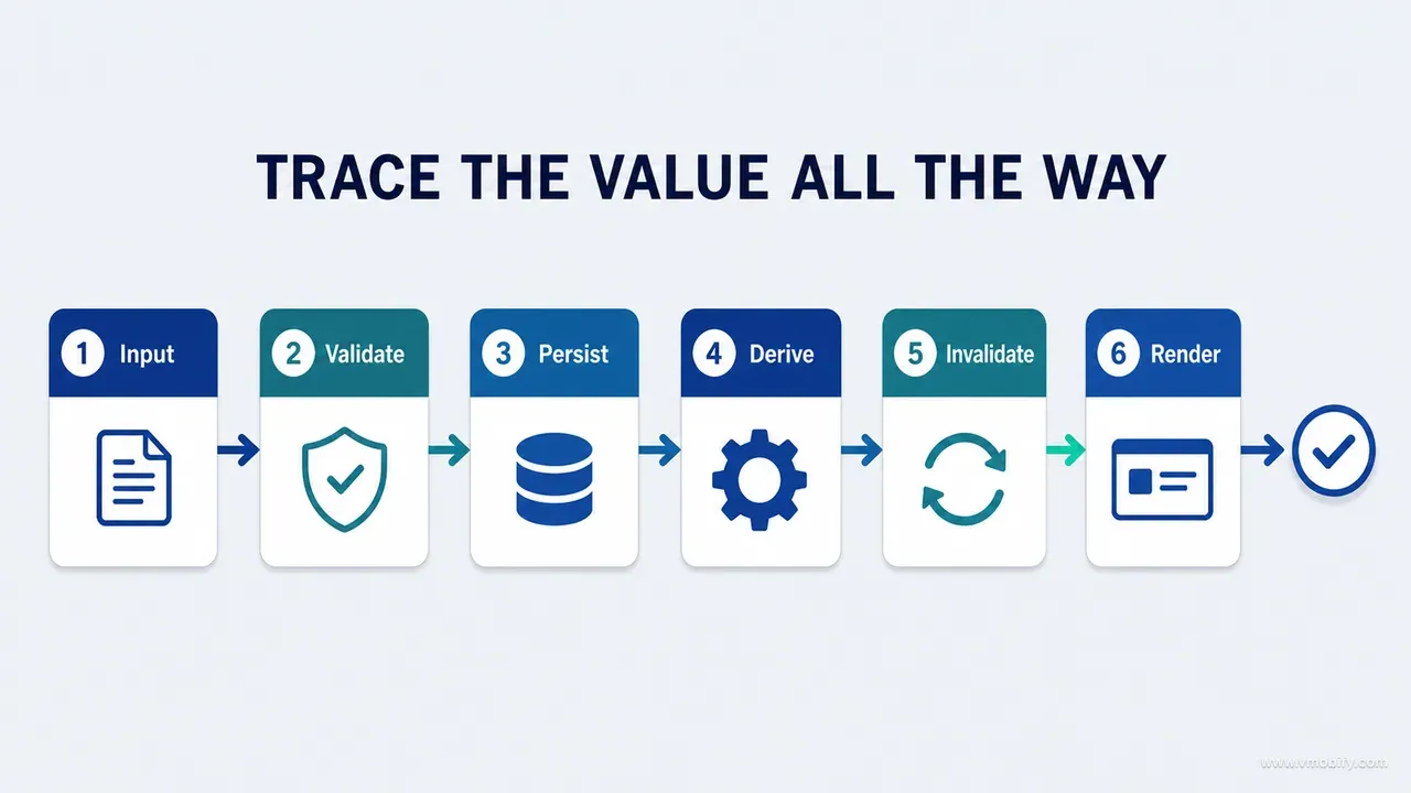 Committed value traced through input, validation, persistence, derivation, invalidation and rendering