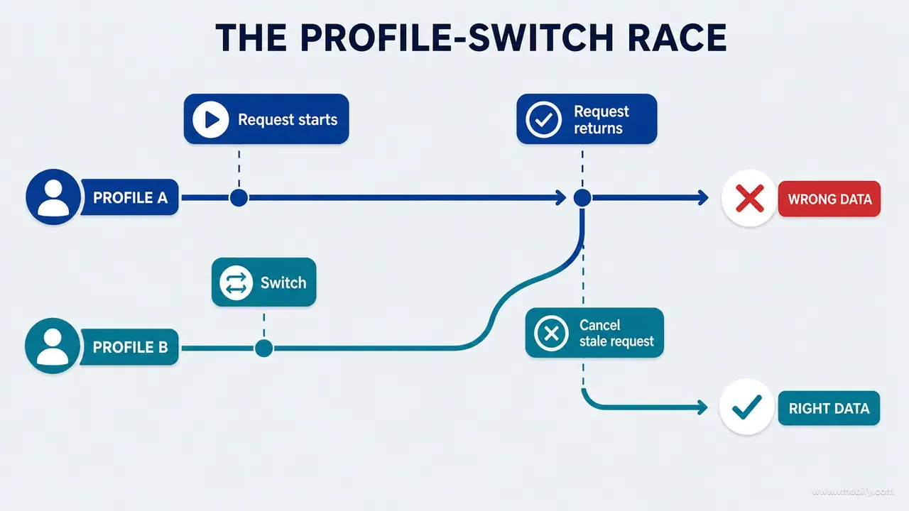 Profile-switch race where a stale asynchronous request can render the wrong profile's data unless cancelled