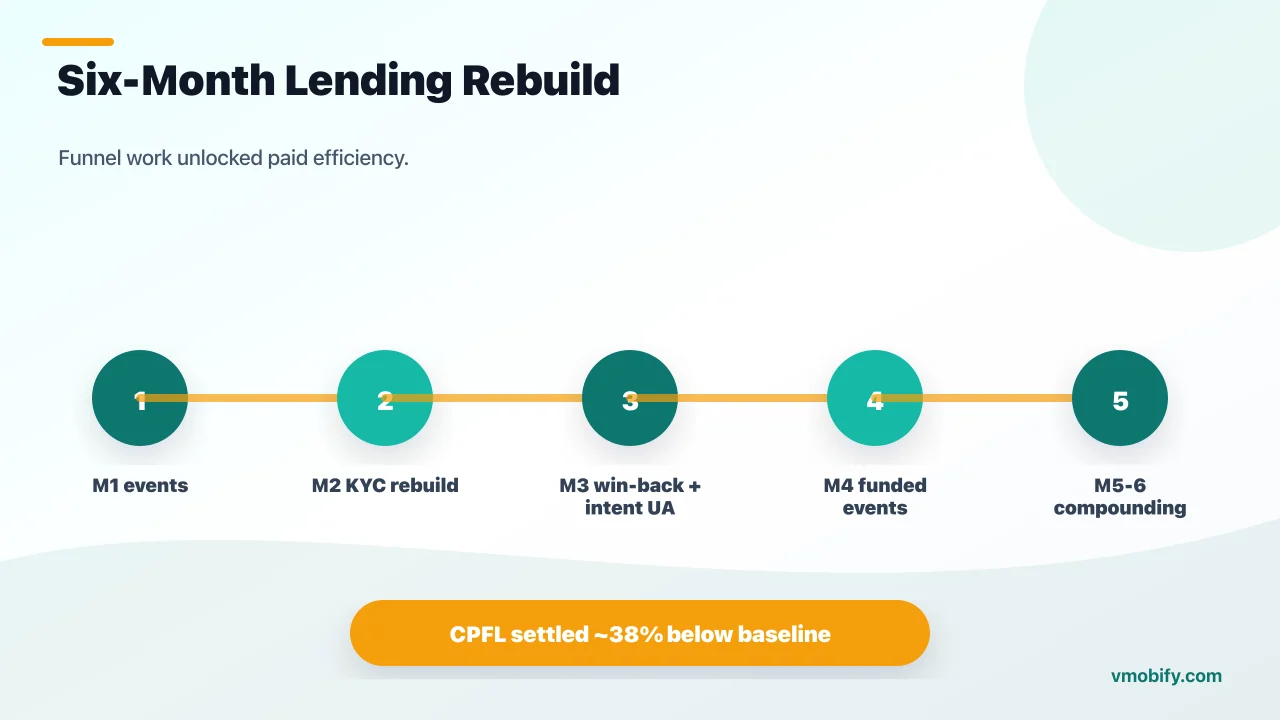 Six-month lending app rebuild timeline from funnel events through KYC rebuild, WhatsApp win-back, funded-loan signals and compounding efficiency.